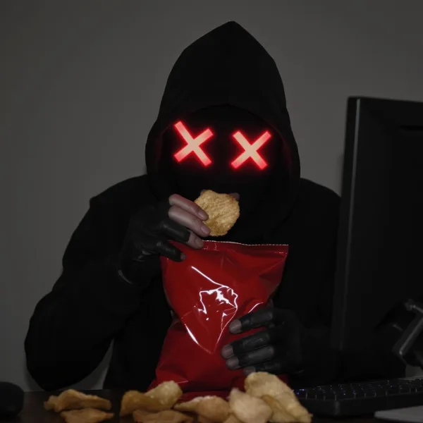 Hacker eating a snack food bag of potato chips