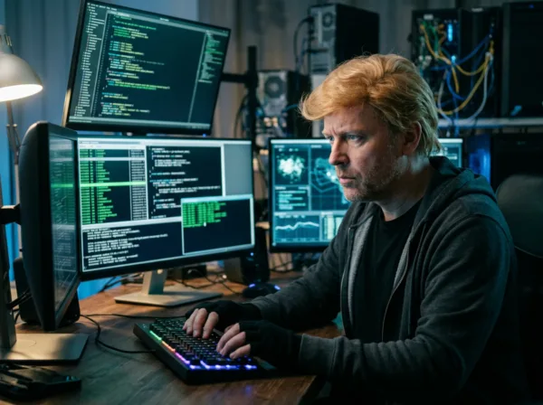Computer hacker with Donald Trump like hair