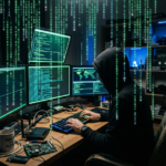 A computer hacker hacking while ASCII letters rain down around him