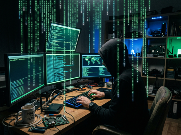 A computer hacker hacking while ASCII letters rain down around him