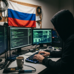 A hooded computer hacker in a darkened room hacking on a computer. There is a Russian flag in the background