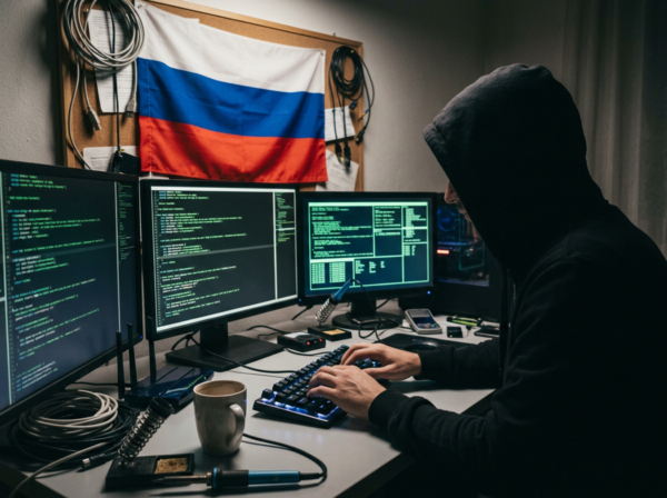 A hooded computer hacker in a darkened room hacking on a computer. There is a Russian flag in the background