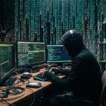 A computer hacker hacking while ASCII letters rain down around him
