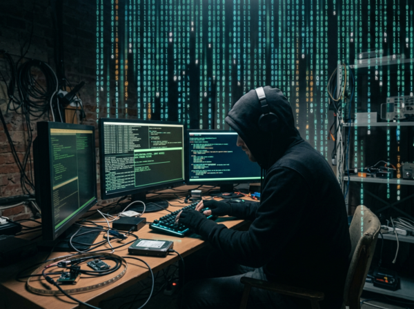 A computer hacker hacking while ASCII letters rain down around him