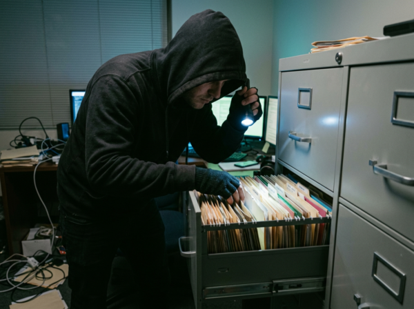 Computer hacker rummaging through filing cabinets of paper files records