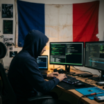 French hacker with flag of France in background