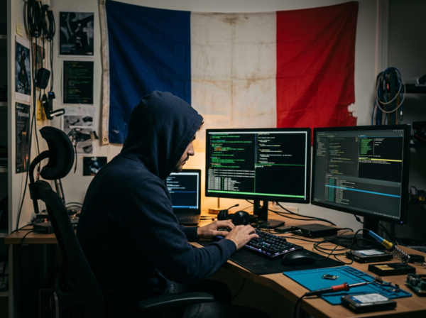 French hacker with flag of France in background