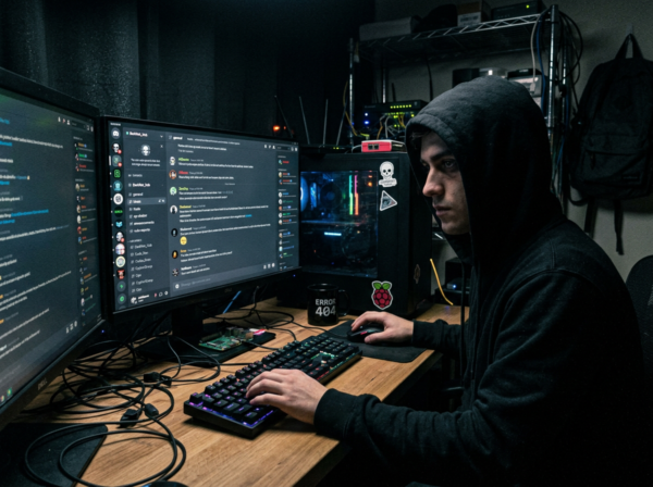 Hacker reading Discord social media channels and chat
