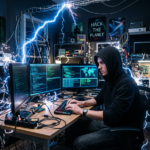 Hacker with electric electricity or lightning sparking around the room