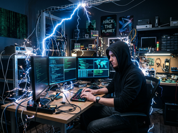 Hacker with electric electricity or lightning sparking around the room