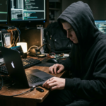 Hacker plugging a USB stick into his computer