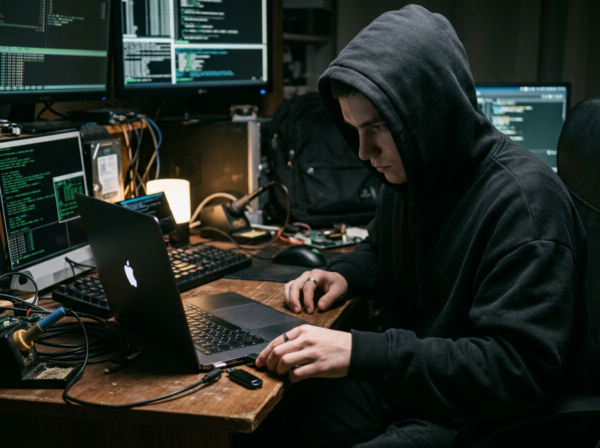 Hacker plugging a USB stick into his computer