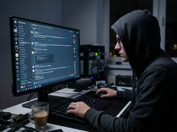 Hacker reading Discord social media channels and chat