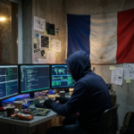 French hacker with flag of France in background