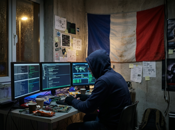 French hacker with flag of France in background