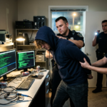 Computer hacker being arrested by police officer authorities wearing handcuffs