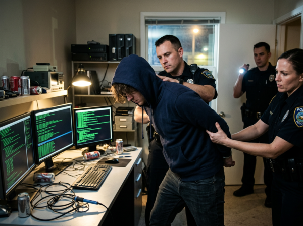 Computer hacker being arrested by police officer authorities wearing handcuffs