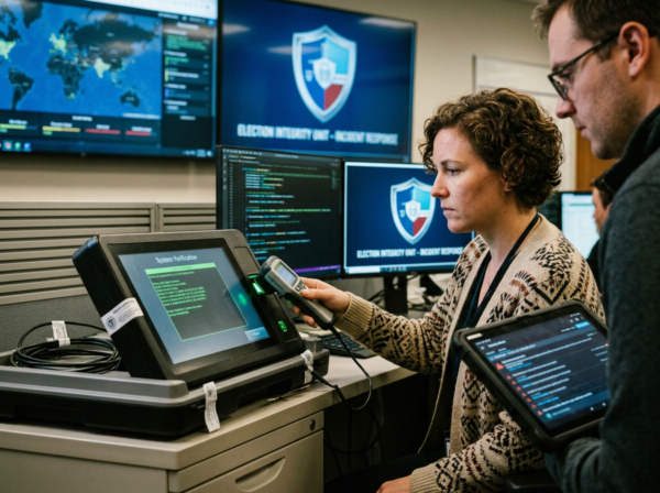 Two employees looking at a political election machine